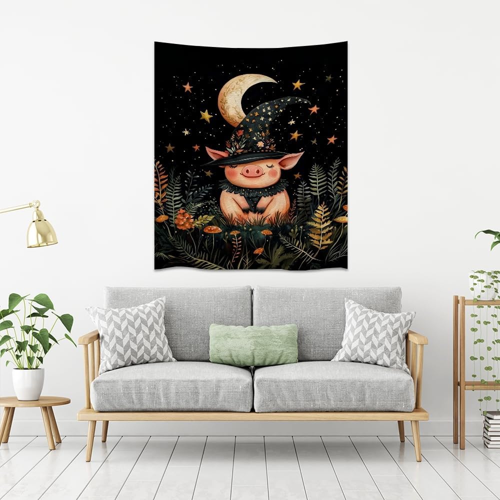 Whimsical Witch Pig Tapestry Wall Hanging Cute Farmhouse Animal Tapestry Aesthetic Moon and Stars Pictures Print Cottagecore Witchy Halloween Artwork Tapestries Decor for Living Room Bedroom 40x60inch