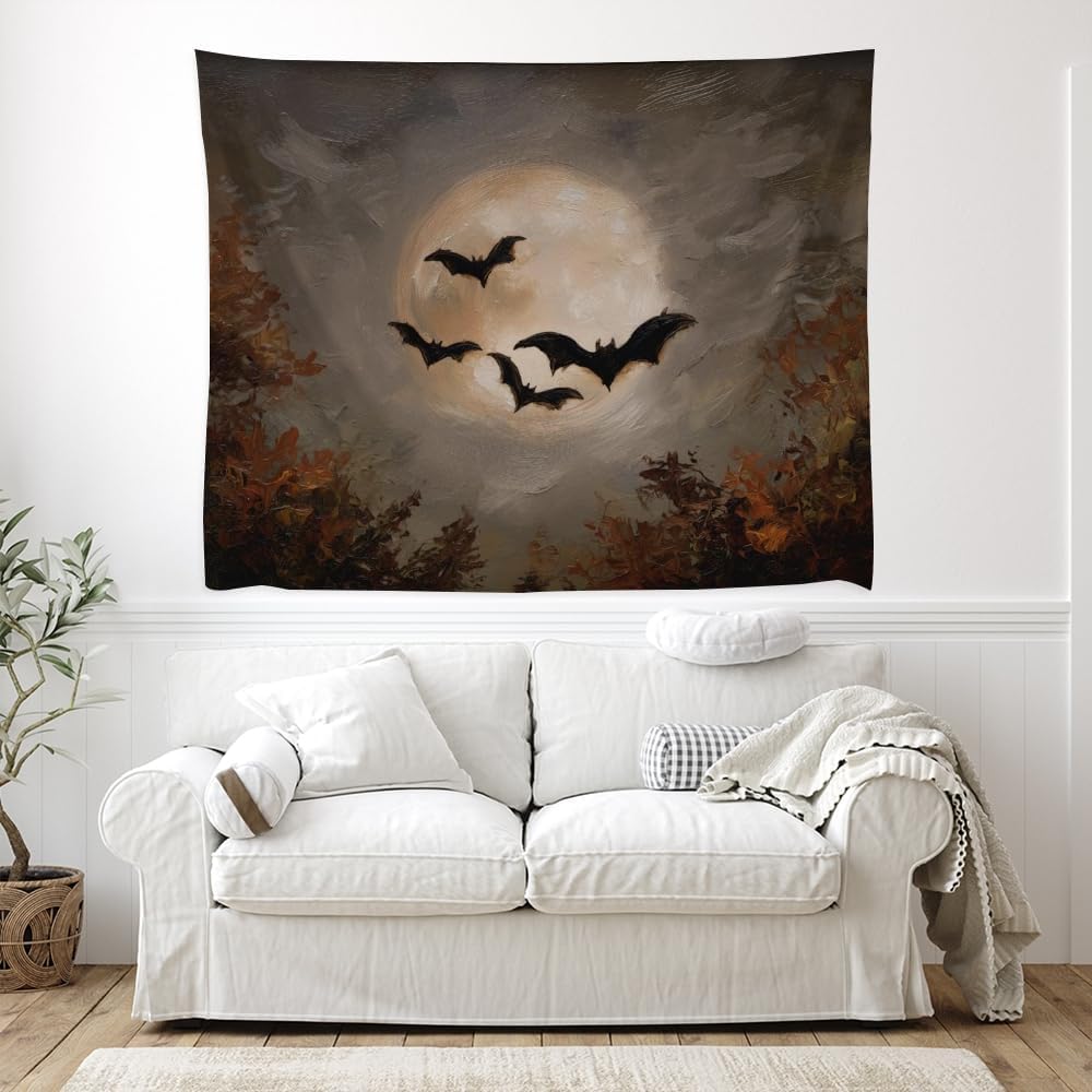 Spooky Halloween Bats Dark Academia Full Moon Autumn Leaves Wall Hanging Vintage Haunted Home Artwork Gothic Witchy Ghost Tapestries for bedroom Living Room Decor 40x60inch