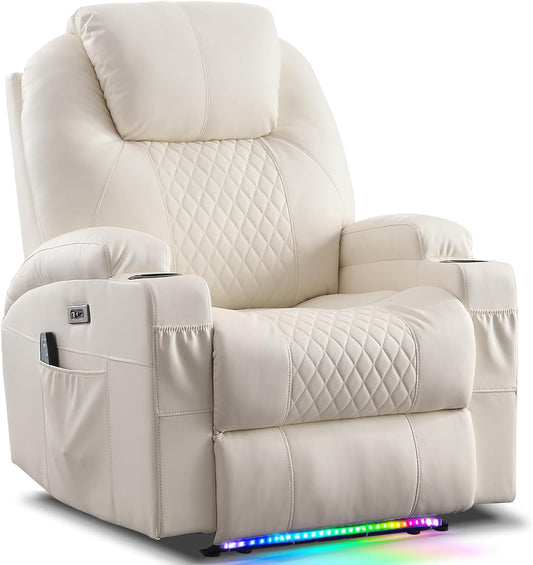 AHMED Power Recliner Chair with Vibration Massage & Heat for Adults, Faux Leather Home Theater Seating with Cup Holders/LED Lights/USB Ports/Side Pockets for Living Room, Beige
