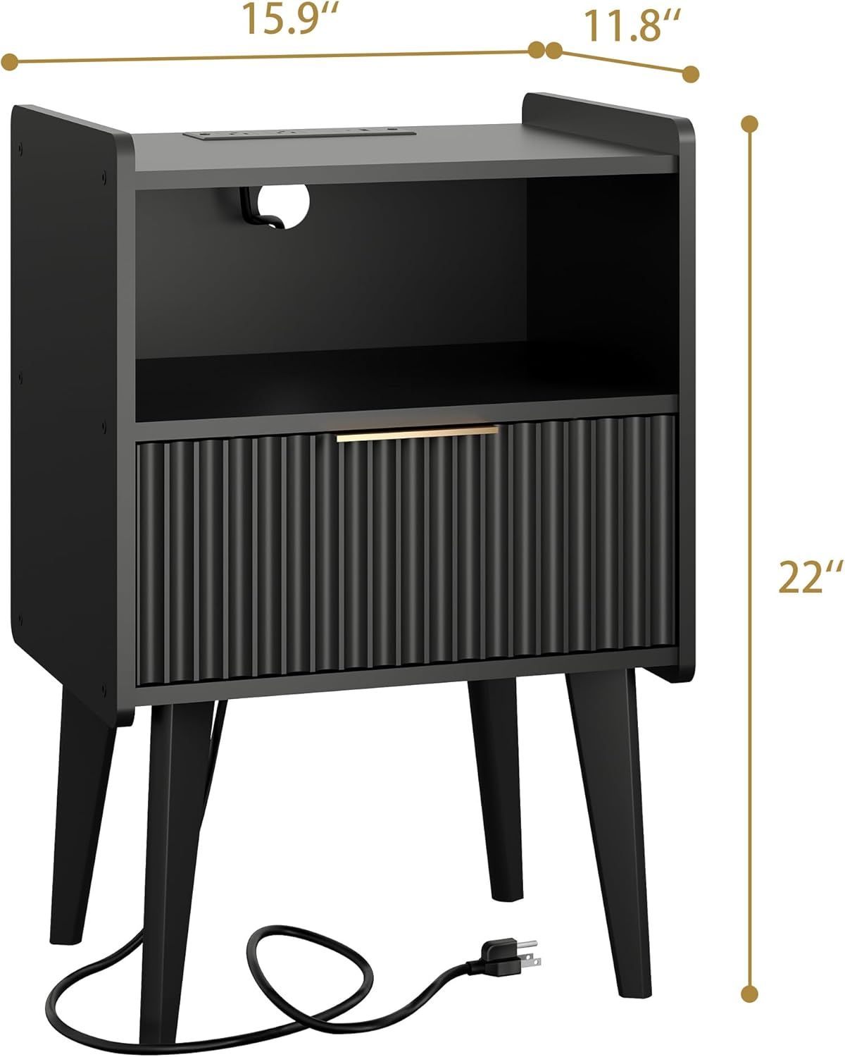 Fluted Nightstand with Charging Station, Modern Bedside Table with Drawer,Black Nightstand with Solid Wood Legs, End Table,Side Table for Living Room,Bedroom Black CTG57BKE