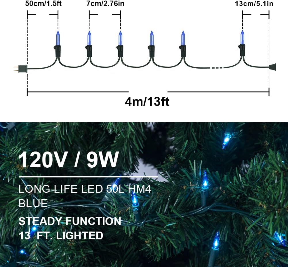 Hopolon Blue Christmas String Lights, 2PACK 50-Count Incandescent Mini Fairy Lights Set, UL Certified Green Wire Lights for Indoor Outdoor Halloween Holiday Home Xmas Tree Patio Décor (2pcs Blue)