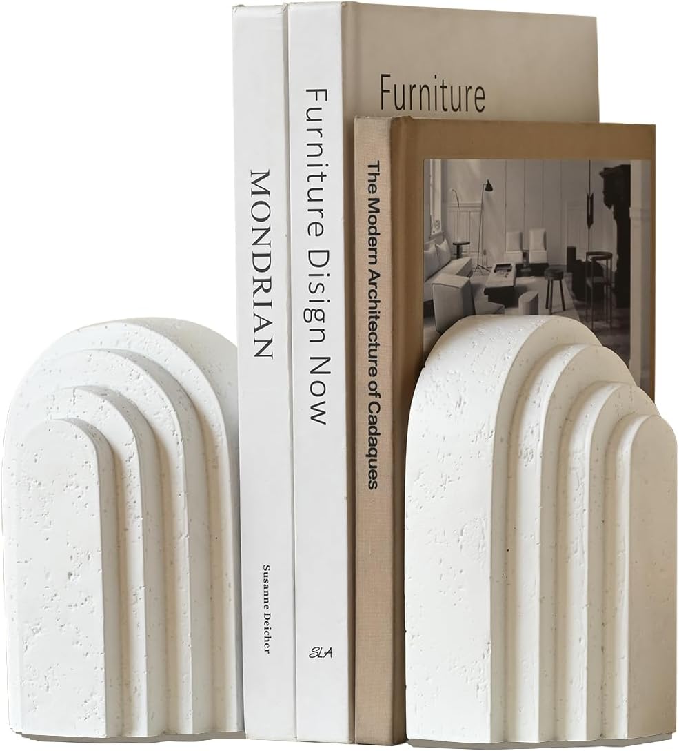 Decorative Bookends for Shelves, Set of 2 Book Ends for Heavy Books, Layered Arch Design White Bookend