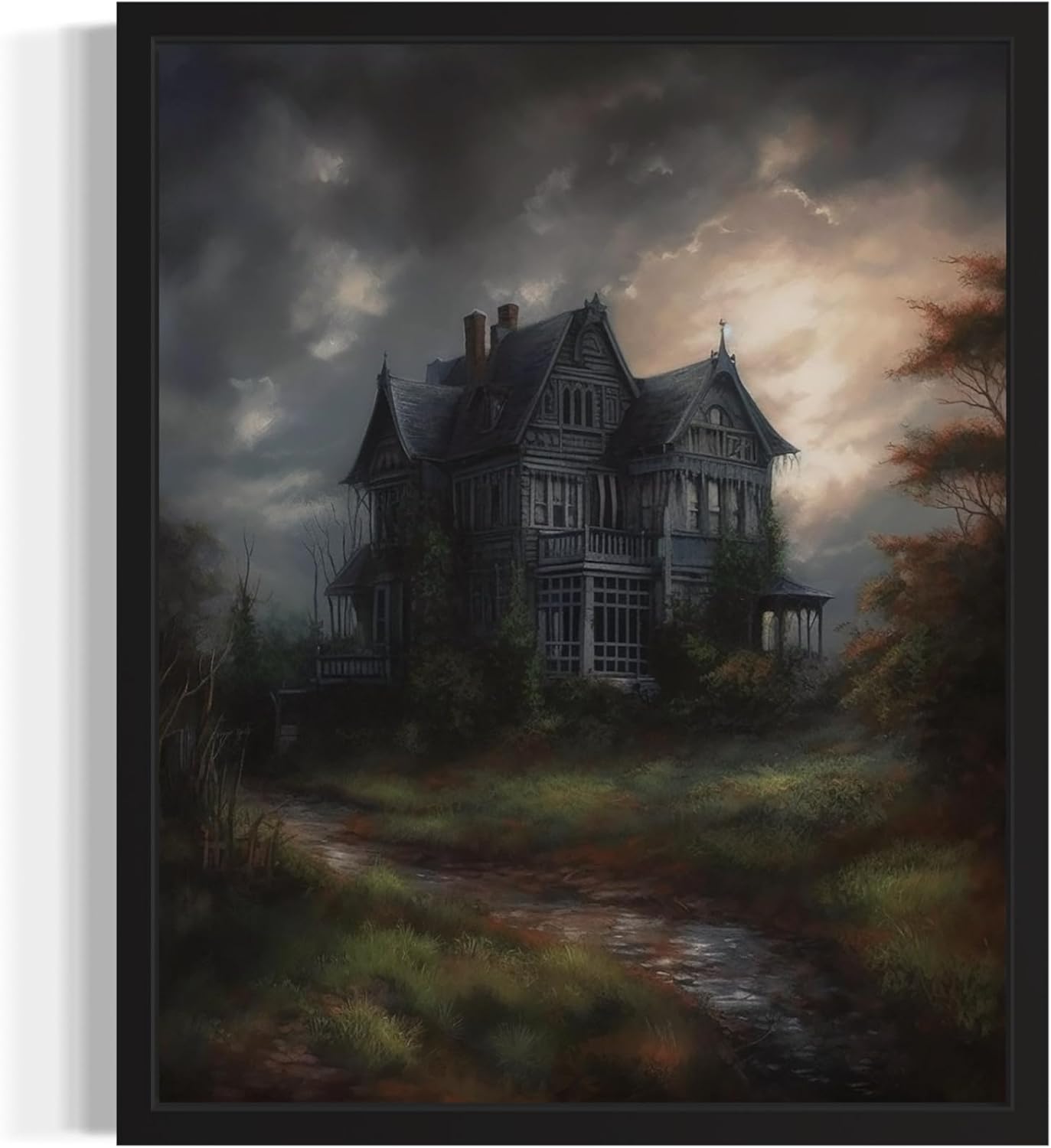 Haunted House Poster Art Print, Halloween Scary Vintage Wall Art Academia Spooky Painting Decoration for Horror Prints, Gothic Posters Bedroom Decor 89 (Haunted House, 11 x 14 inches, Black Frame)