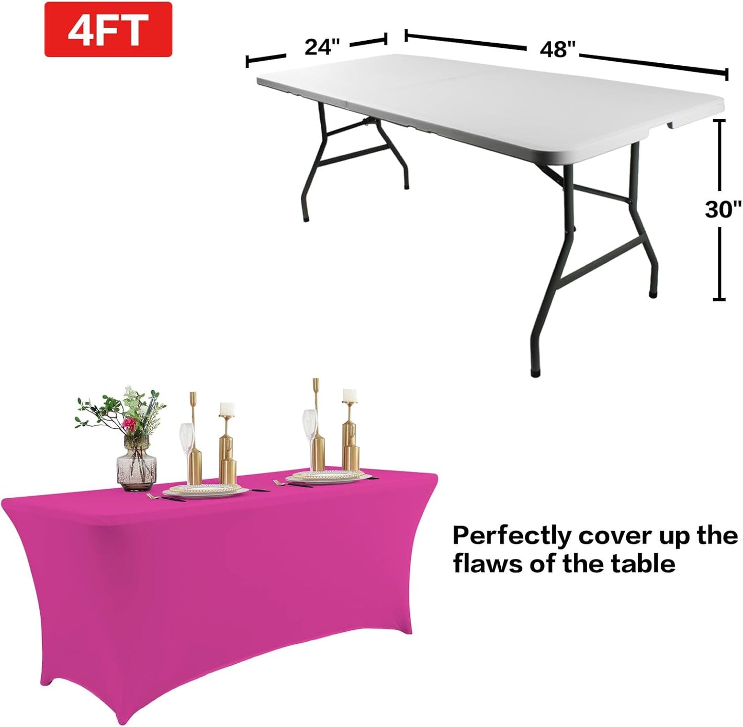 IVAPUPU 4FT Table Cloth for Rectangular Fitted Events Stretch Fuchsia Table Covers Washable Cover Spandex Tablecloth Protector for Party, Wedding, Cocktail, Banquet, Festival