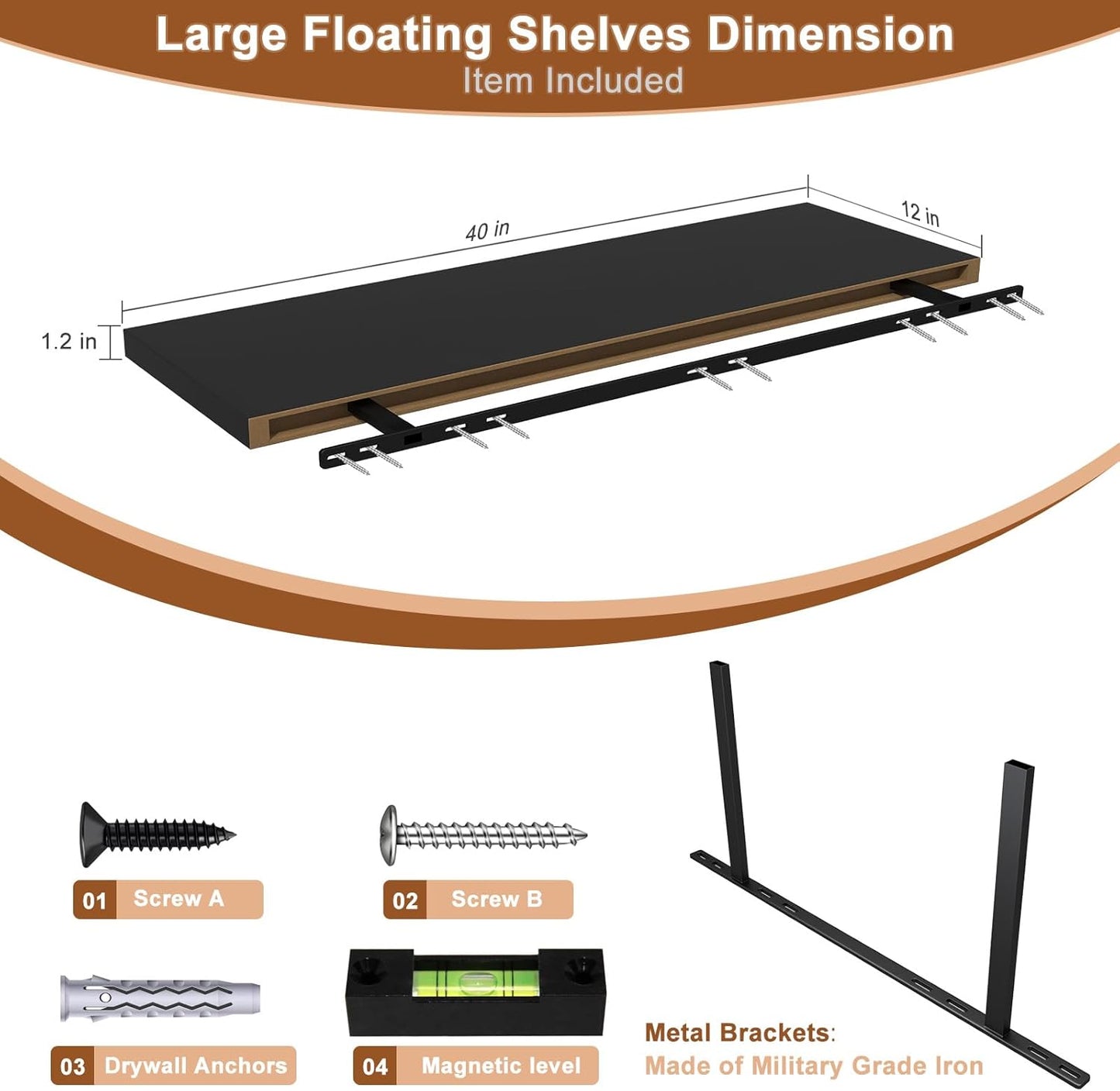 40 Inch Floating Shelf 1 Pack Large Floating Shelves for Wall No Drilling Accessories Included Deep Wall Shelves for Living Room Kitchen Farmhouse 40" W x 12" D x 1.2" Black