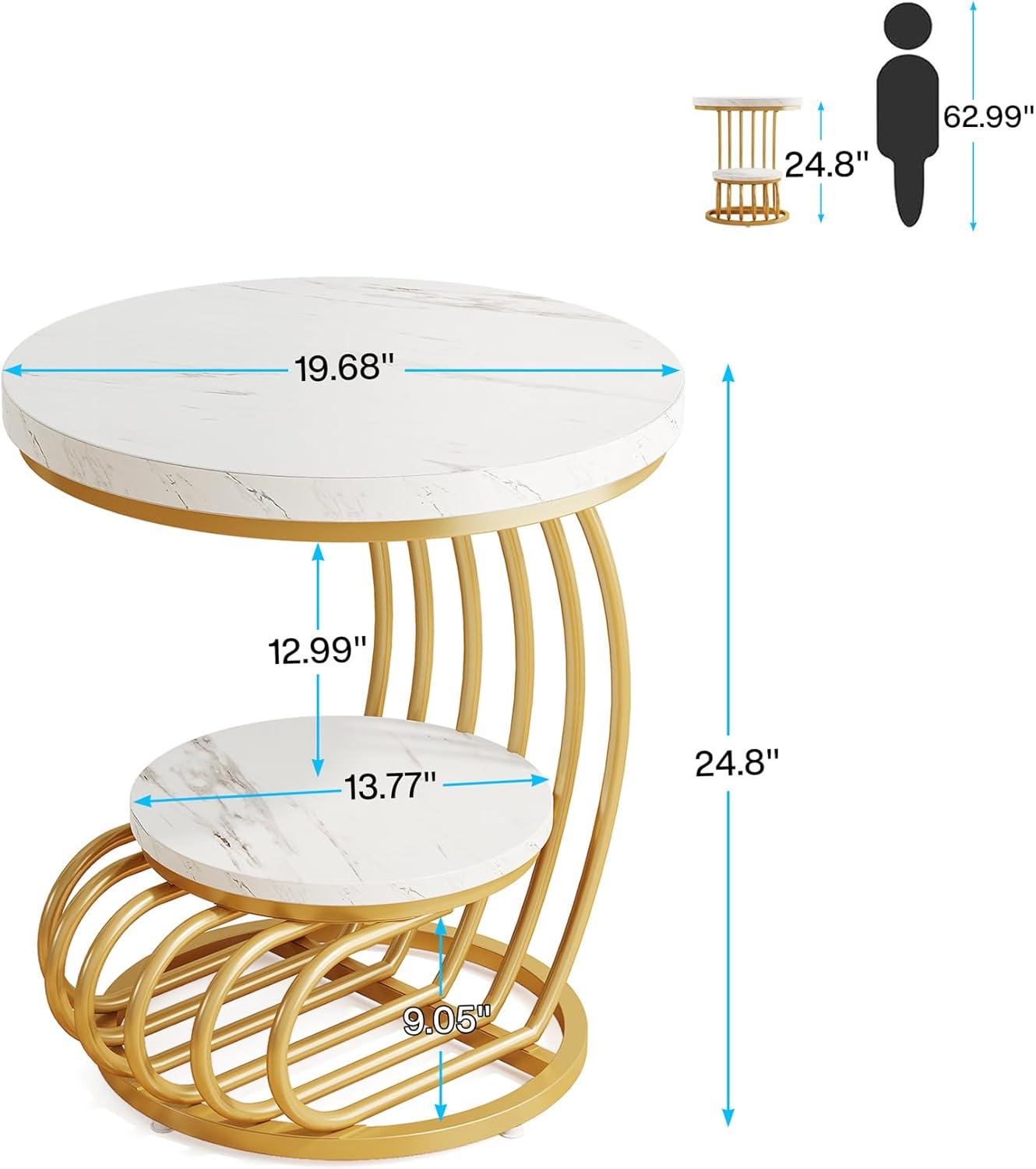 Tribesigns Gold Round End Table: 2 Tiers Faux Marble Side Table with Storage Shelf, Modern White Gold Bedside Nightstand, Metal Arc-Shaped Frame Accent Table for Living Room, Bedroom