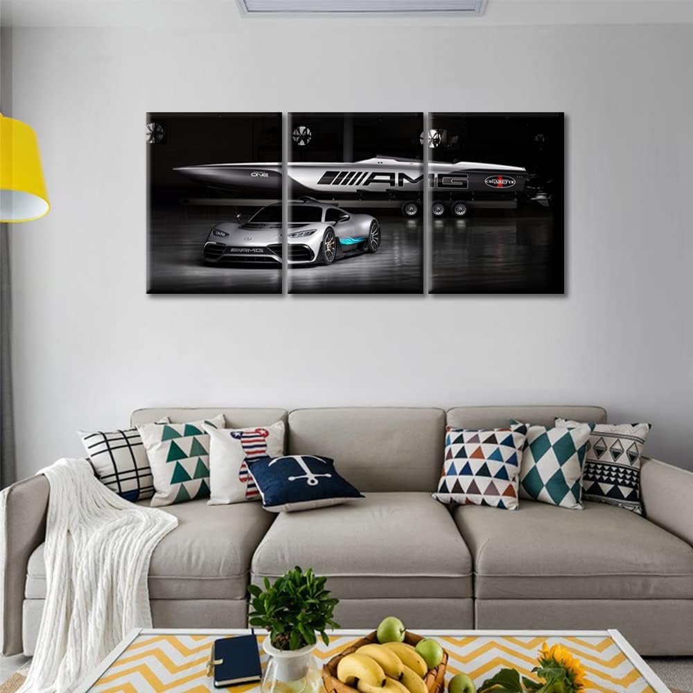 Sports Car Canvas Prints Gray Speedy Racing Car Wall Art Paintings Hypercar 3D Model Design Posters Stretched Pictures for Living Room Modern Home Decor Framed Wall Art Decorations, 36" Wx16 H