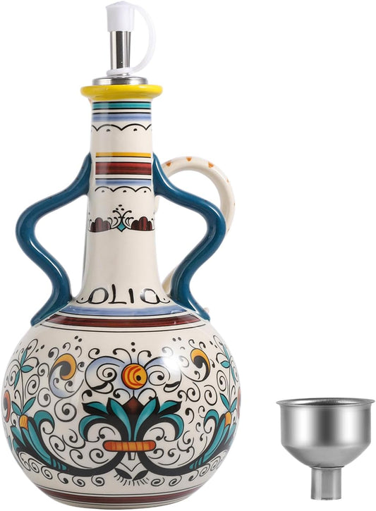 Ceramic Olive Oil Dispenser Bottle 23oz with Handles, Hand Painted Multi-Use Oil Cruet & Flower Vase, Decorative Stoneware Kitchen Cruet with Stainless Steel Spout for Oils, Sauces, Vinegar (B)