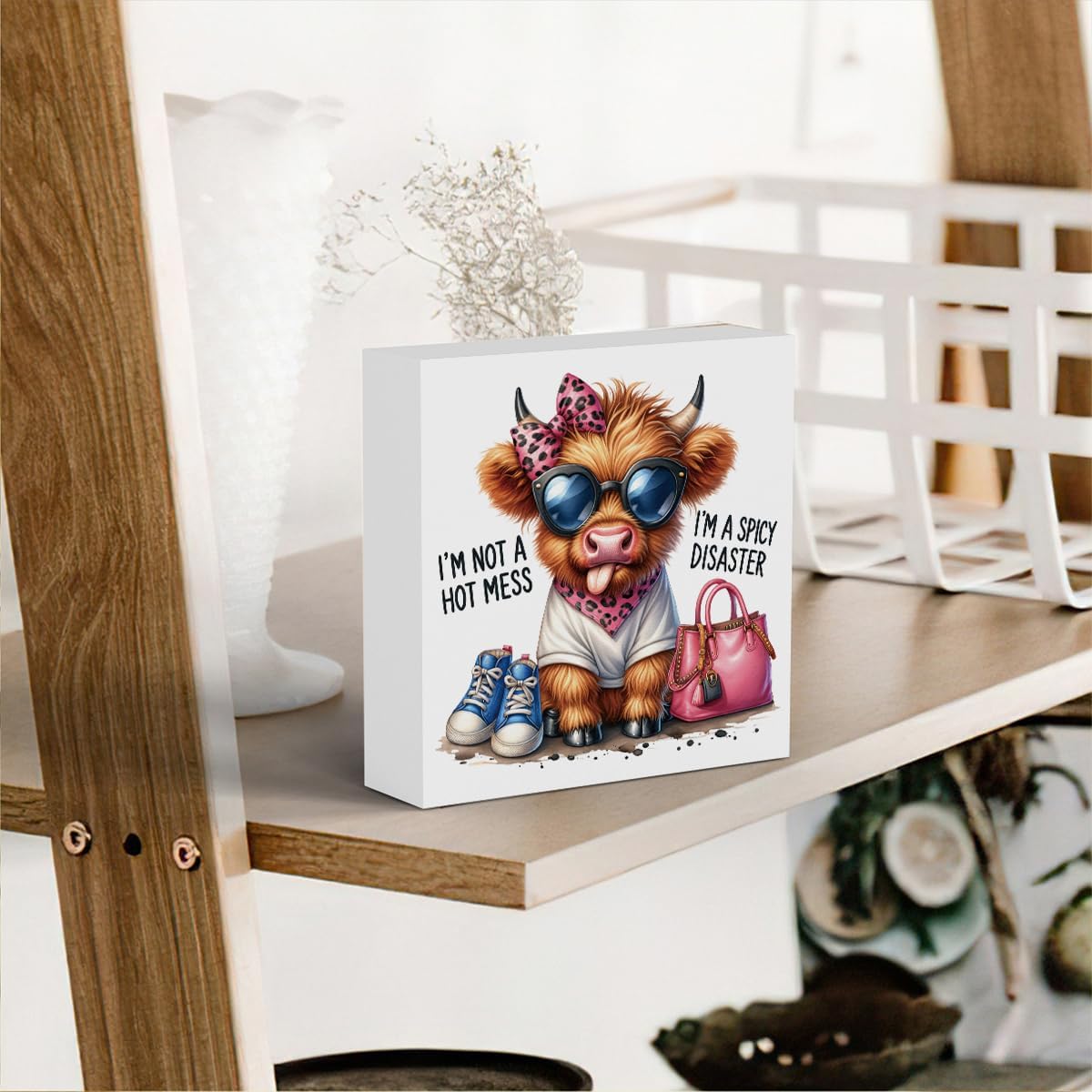 Funny Cute Highland Cow Baby Decor, Cow With Pink Bow, Highland Cow Gifts for women, Western Highland Cow Nursery Decor, Wooden Box Decor Sign for Home Farmhouse Office Living Room Table Shelf