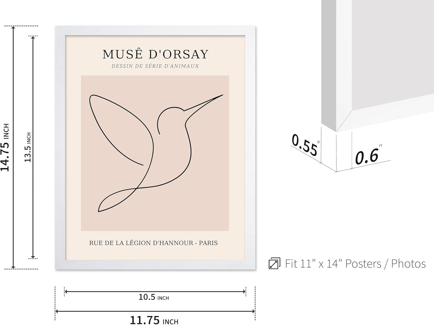 Poster Master Vintage Poster - Retro One Line Hummingbird Drawing Print - Bird Line Art - Minimal Gift for Him, Her, Animal Lover - Abstract Decor for Home, Office, 11x14 White Framed