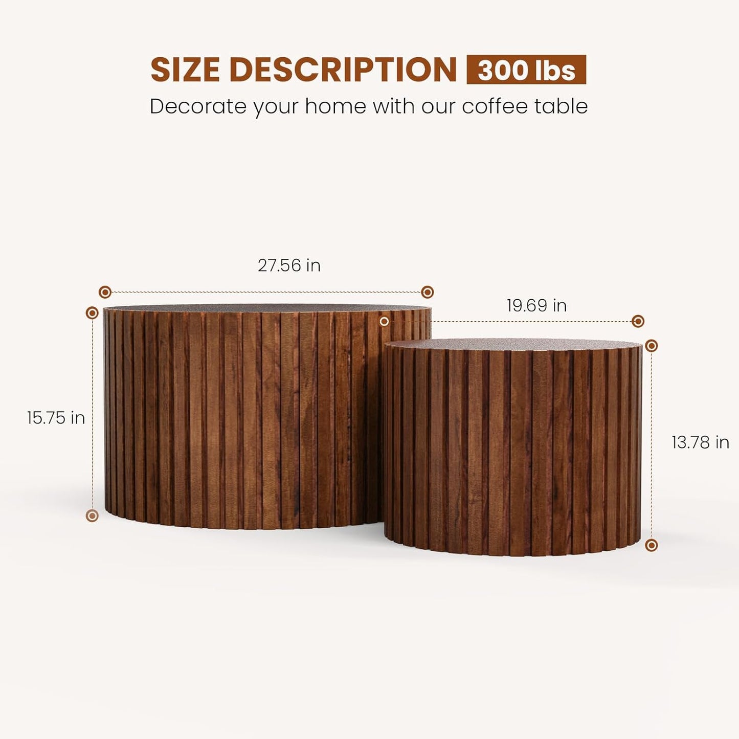Round Nesting Coffee Table Set of 2 Handcraft Circle Fluted Nesting Coffee Tables Circular Side Table Drum Accent End Tables for Living Room Bedroom (Brown Large)