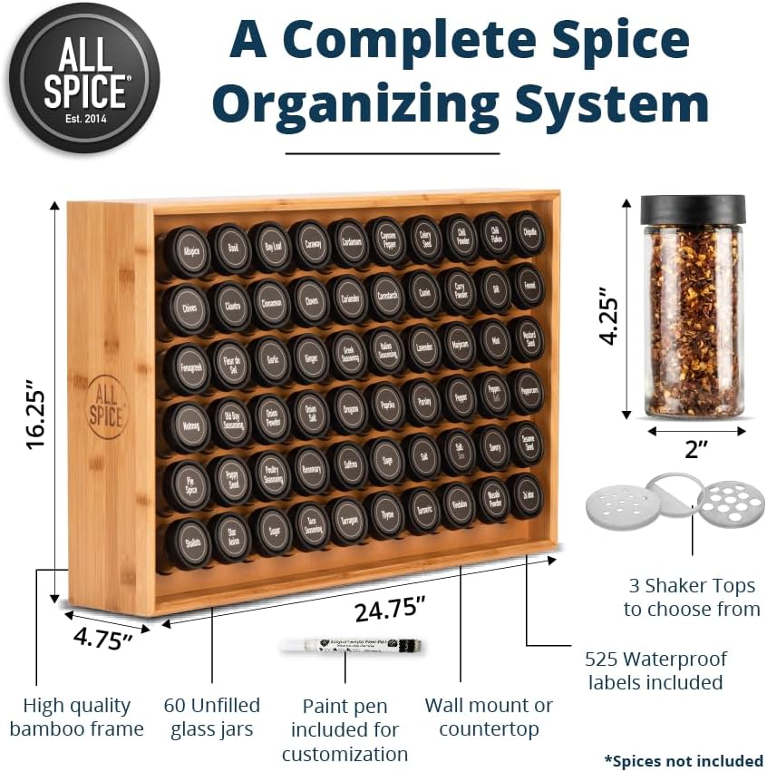 AllSpice Spice Rack Organizer, Wood, 525 Unique Labels, Countertop or Wall Mount, Includes 60 4oz Jars- Bamboo