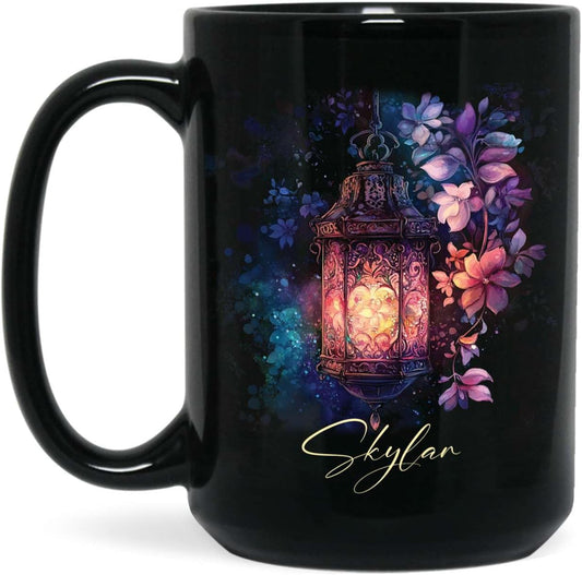 Custom Vintage Lantern With Flowers Coffee Mug, Personalized Name Ceramic Cup 11oz Or 15oz, Glowing Light And Flowers Mug, Customized Enchanted Nature Black Cup, Gift For Friends