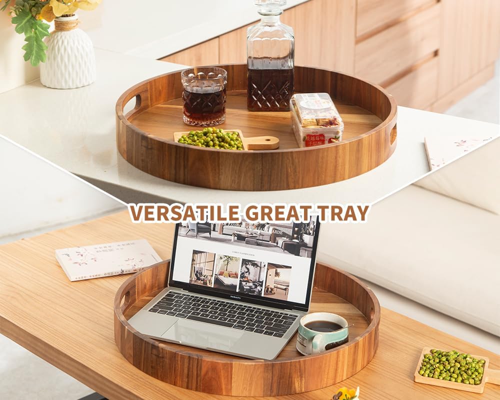 Extra Large Round Ottoman Coffee Table Tray, 22" Big Kitchen Serving Trays for Huge Ottoman Counter Giant Decorative Organizer, Huge Wood Serveware Tray with Built-in Handle for Big Job