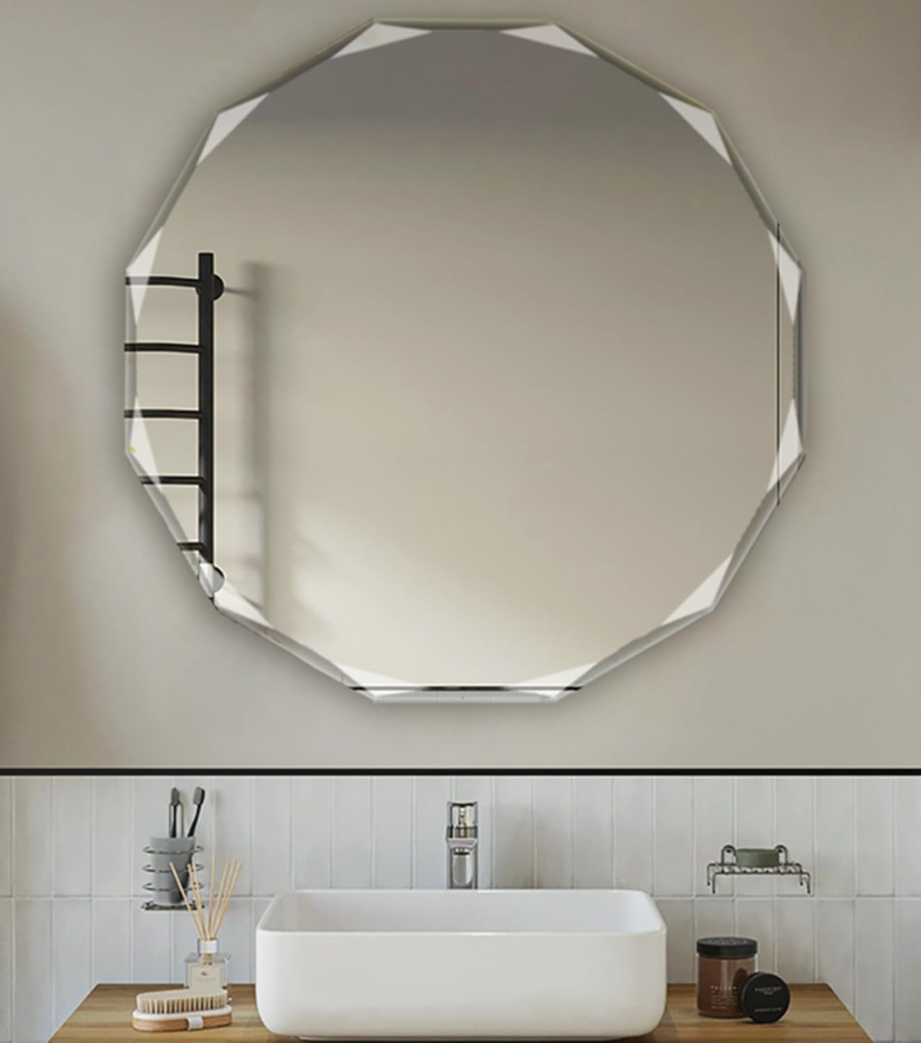 Single Beveled Edge Circle Mirror Frameless Wall Mount Bathroom Vanity Mirror, 20”