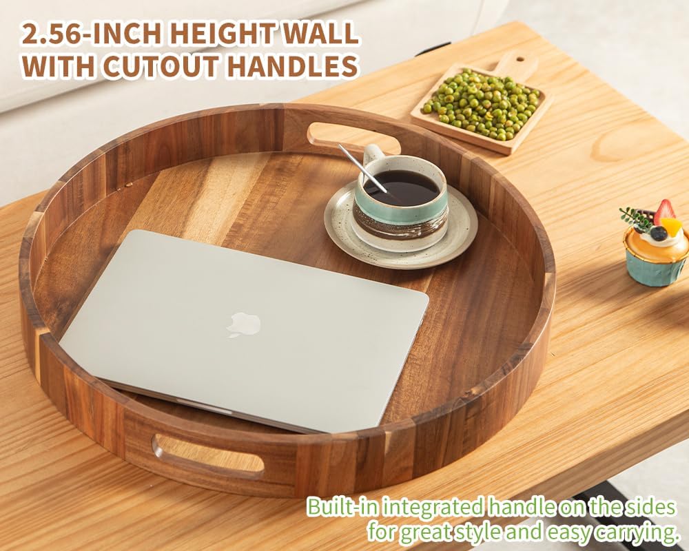 Extra Large Round Ottoman Coffee Table Tray, 22" Big Kitchen Serving Trays for Huge Ottoman Counter Giant Decorative Organizer, Huge Wood Serveware Tray with Built-in Handle for Big Job