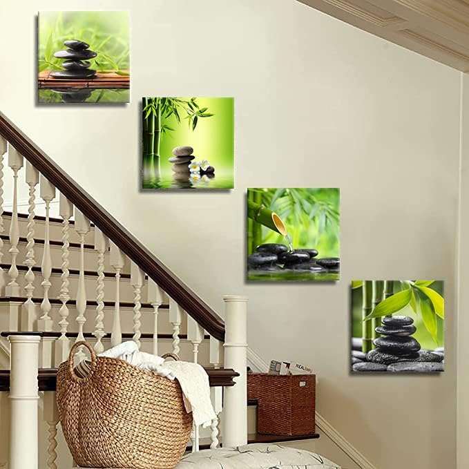 Bamdeya Bathroom Wall Decor Zen Canvas Prints Meditation Picture Painting Green Room Decor Bedroom Wall Art Living Room Yoga Spa Office Artwork Posters Prints Framed Home Decorations12x12x4pcs