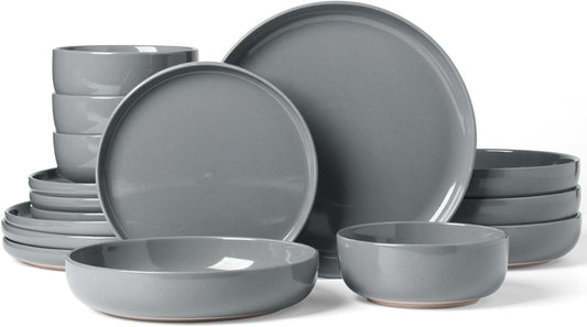 Famiware Milkyway Stoneware Dinnerware Sets with Pasta Bowls, Service for 4 (16 Pieces), Plates and Bowls Sets -Scratch Resistant, Microwave and Dishwasher Safe Dishes Set, Dark Gray