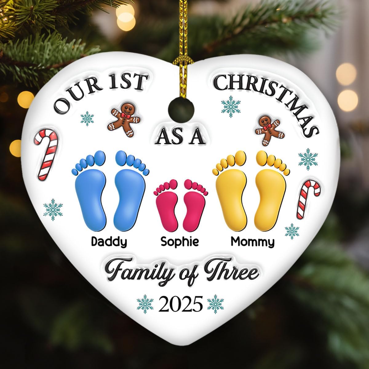 Custom 3D Effect Heart Ornament – Our First Christmas, Personalized Gift for Newly Married Brides, Ideal Holiday Keepsake