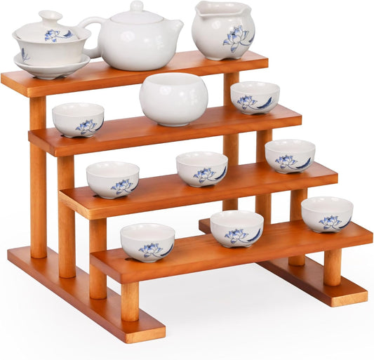 4 Tier Wooden Display Riser Stand Perfume Organizer, Dessert Table Display Set, Solid Wood Food Display Stands for Party, Bamboo Rustic Solid Wood Shelf for Cupcakes, Perfume, Cologne, Spiece