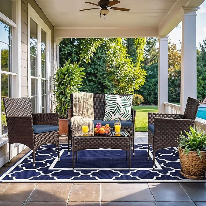 GENIMO Outdoor Rug Waterproof for Patio Decor, 5'x8' Reversible Plastic Straw Rug Carpet, Camping Mats for Outdoor, RV, Backyard, Deck, Balcony, Picnic, Blue & White