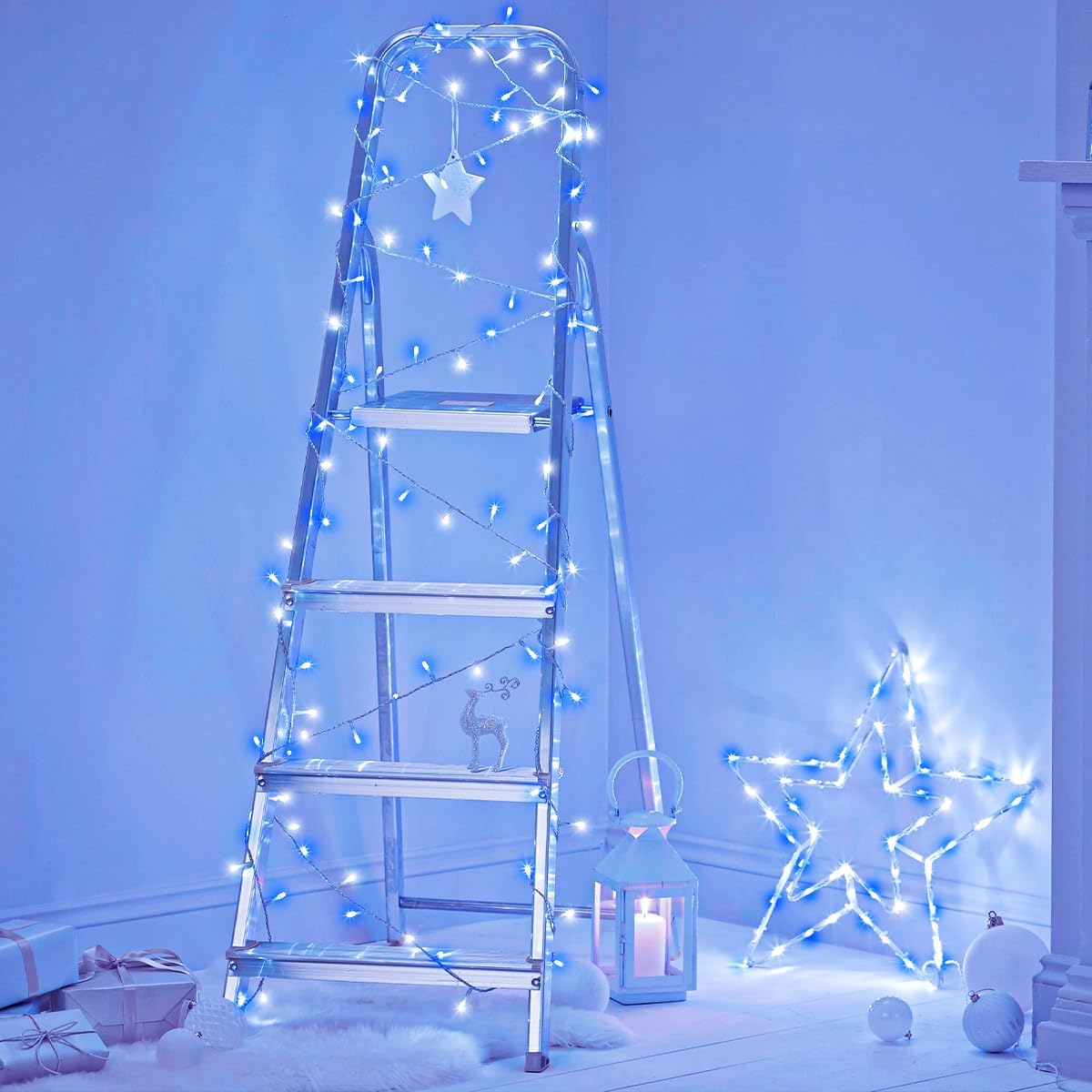 Blue and White Christmas Lights Outdoor 82ft 250 LED Christmas Tree Lights 8 Modes Clear Wire, Plug in Waterproof Twinkle Fairy Lights for Indoor Christmas Bedroom Tree Decorations
