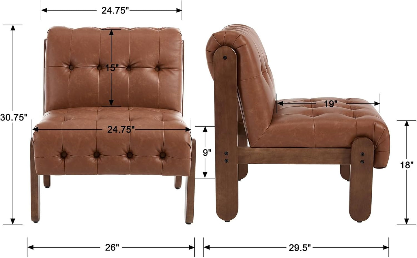 Modern Armless Accent Chair for Living Room, Brown PU Leather Button Tufted Upholstered Lounge Reading Chair with Walnut Wood Frame