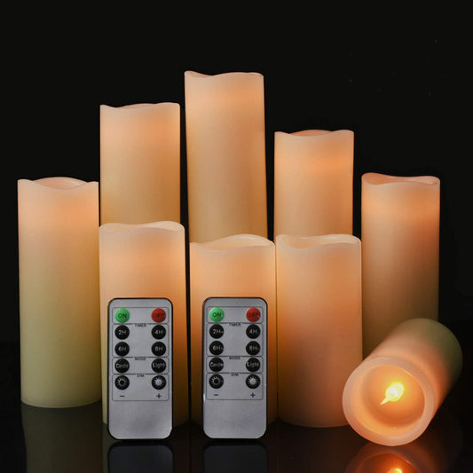 Flameless Battery Operated Led Candles-Set of 9(H 4" 5" 6" 7" 8" 9" x D 2.2") Real Wax Flickering Pillar LED Electric Candles with 10-Key Remote and 24 Hours Timer Ivory