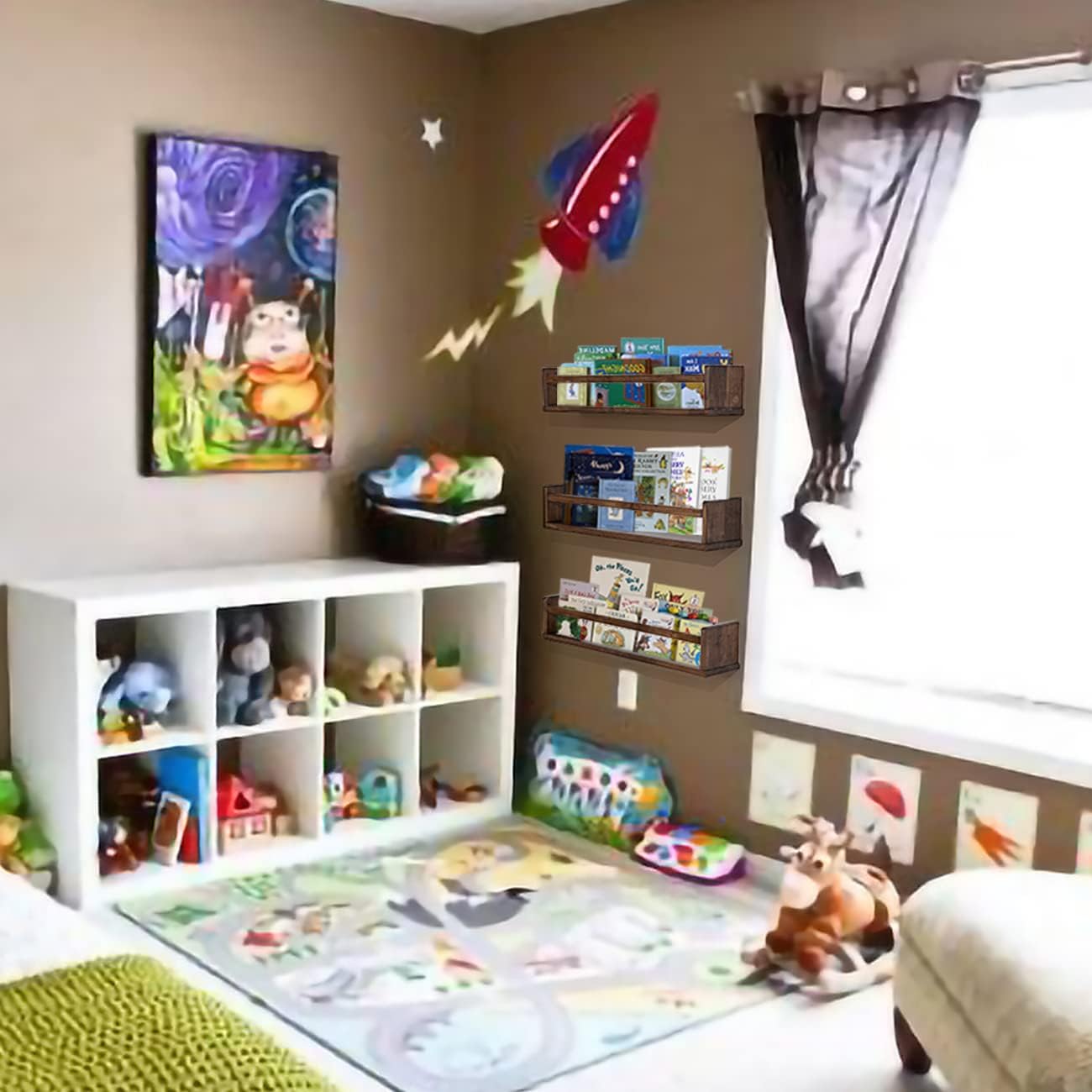 AZSKY Nursery Book Shelves 24 in Set of 3 Walnut Floating Bookshelf for Kids Room Wall Mounted Floating Shelves Solid Nursery Bookshelf Perfect Decor for Kitchen Bedroom Living Room