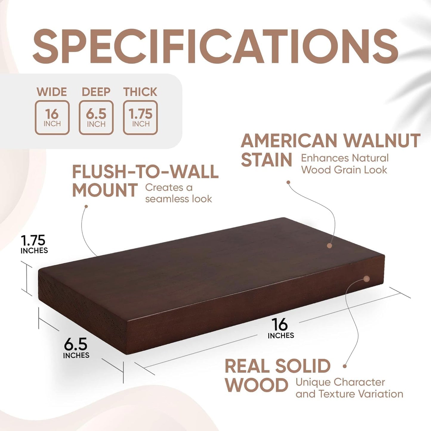 Homeforia Walnut Floating Bathroom Shelves, High End Solid Real Wood 16 inch Small Floating Shelf for Wall Mounted, Dark Brown 16inch Floating Shelves, Heavy Duty Bracket, 16 X 6.5 X 1.75 in, Set of 4