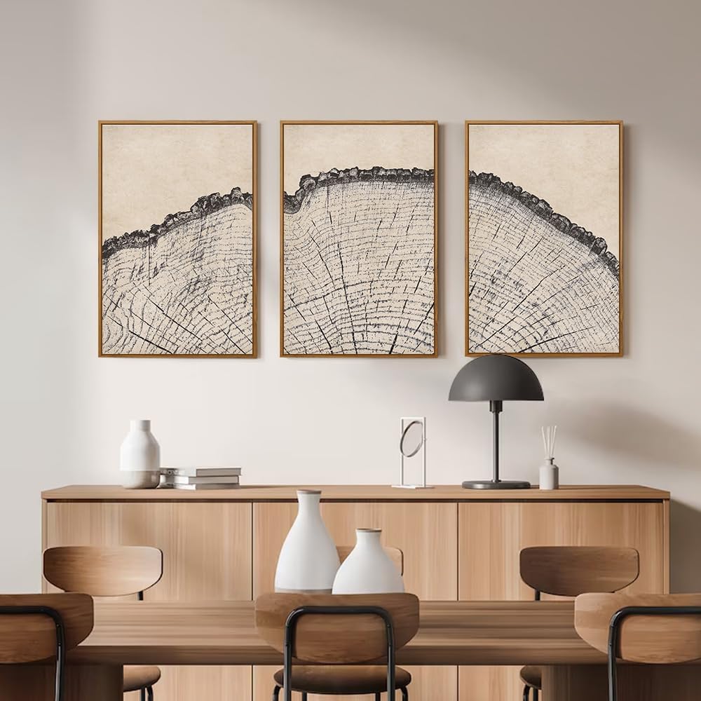 HPINUB Vintage Wood Tree Rings Wall Art Set, Framed Canvas Paintings, Black and White Nature-Inspired Decorative for Modern Home Decor for Living Room, Bedroom, Dining Room, Office- 16"x24"x3
