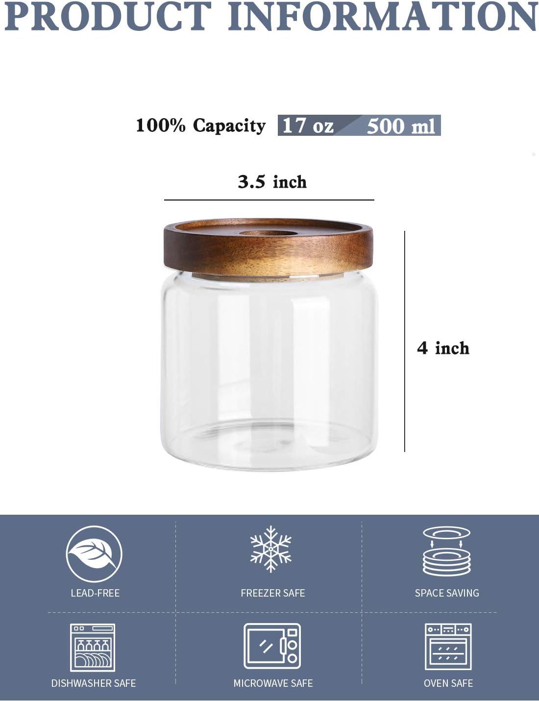 Kanwone Glass Storage Jars Set of 6, 17 Ounce Airtight Food Storage Containers with Bamboo lids, Clear Glass Canisters for Pantry, kitchen, Flour, Sugar, Tea, Coffee, Snack, Spice and Herbs