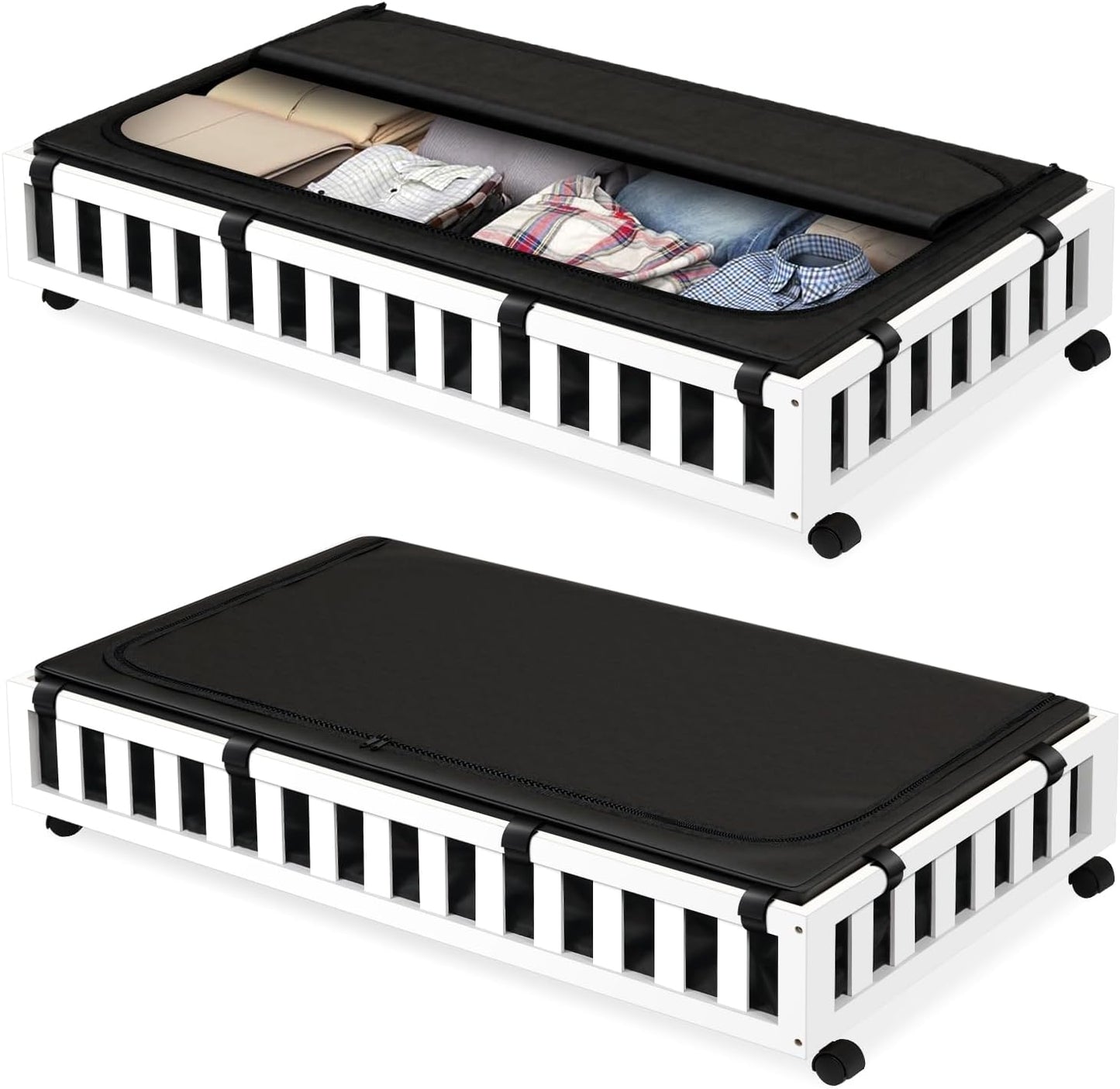 2 Pack Bamboo Under Bed Storage with Wheels, 39”x20”x7.8” Lager Under Bed Storage Containers (White)