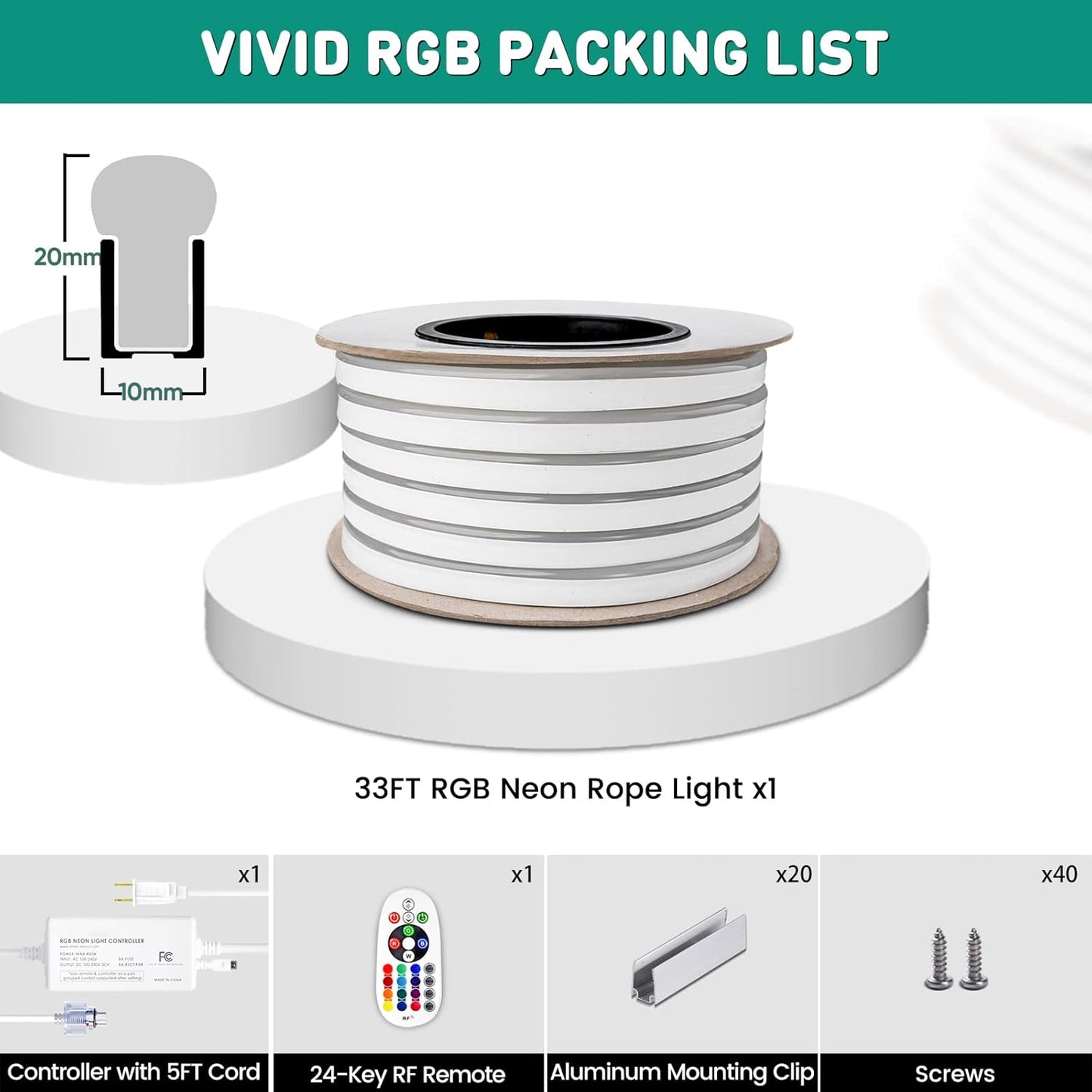 GZBtech RGB LED Neon Rope Lights 33FT/10M, AC 110-120V Waterproof Color Changing LED Rope with Remote Controller, Dimmable Multi Color Neon Rope Lighting for Indoor Outdoor Commercial Use