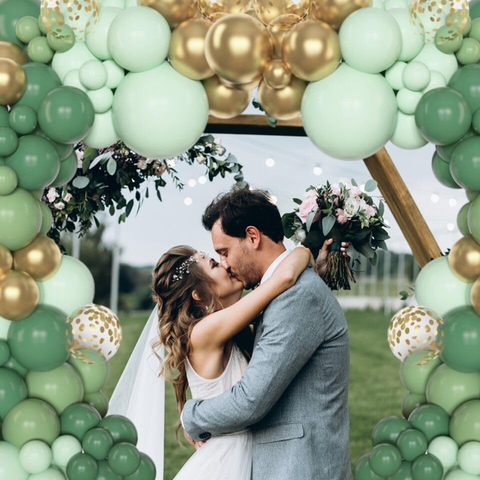 Amandir 153pcs Sage Green Balloon Garland Arch Kit, Different Sizes 18 12 10 5 inch Sage Green Gold Latex Metallic Confetti Gold Balloons for First Communion Safari Baby Shower Baptism Decorations