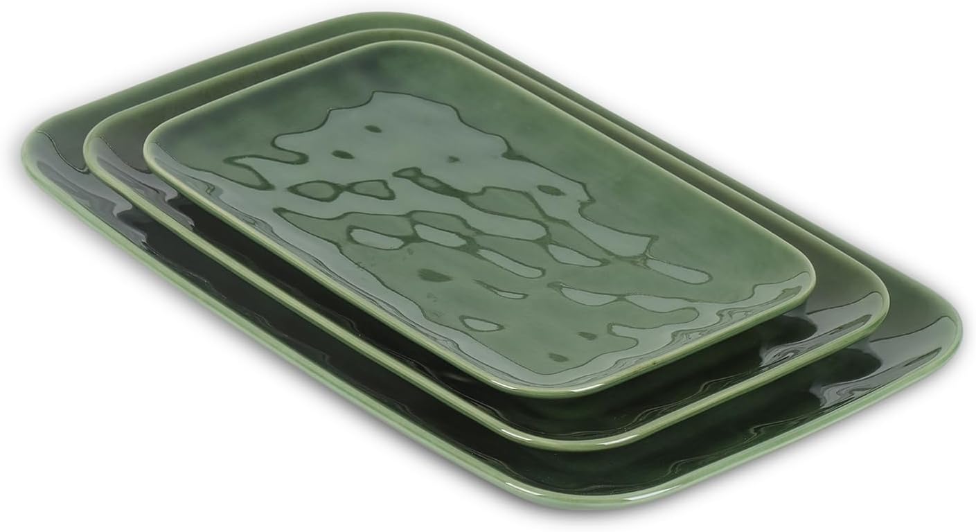 vicrays Ceramic Rectangle Serving Platters - 14" 12" 10" Porcelain Serving Trays Plates for Party BBQ Appetizers Sushi Dessert - Microwave Oven and Dishwasher Safe - Set of 3 Green