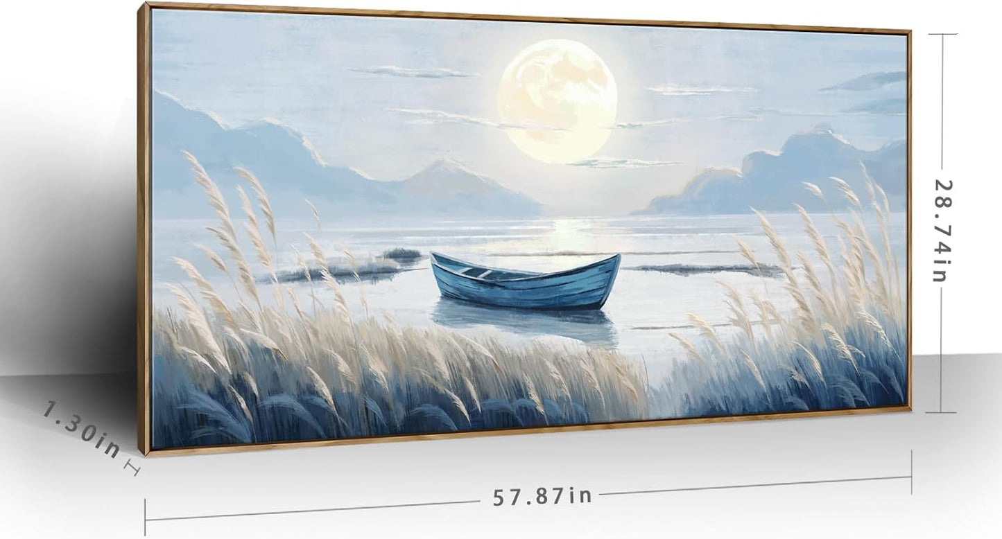 amatop Oversized Framed Coastal Wall Art for Living Room Blue Boat Moon Sea Picture Landscape Canvas Print Calming Night Ocean Lake Scene Large Artwork Nautical Bedroom Office Wall Decor 58x29 In