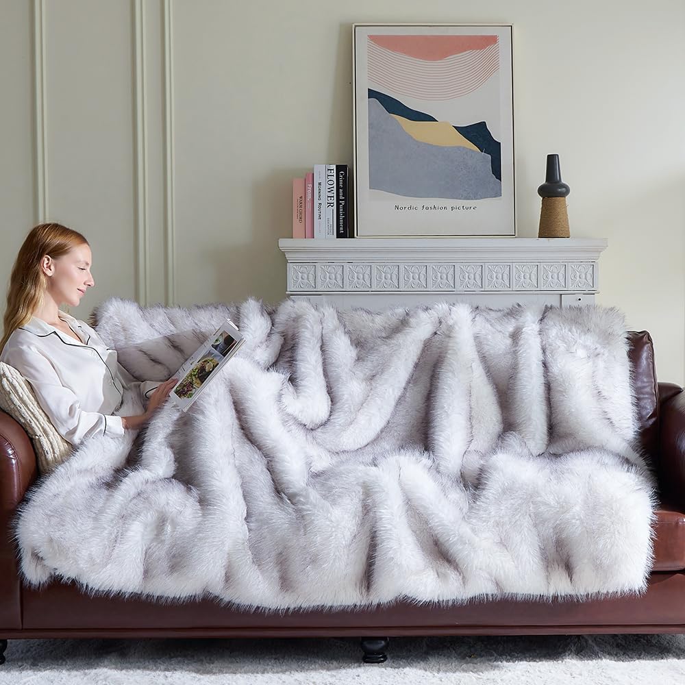 Fluffy Faux Fur Throw Blanket – Super Soft Warm Thick Plush Blanket for Bed, Couch & Office, Cozy Fuzzy Throw with Flannel Backing,108"x90", White