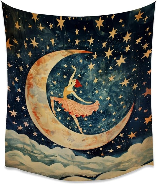 Dancer on the Moon Tapestry Starry Night Sky Art Print Dark Academia Gothic Aesthetic Wall Hanging Stars Moon Clouds Tapestries Whimsical Wall Decor for Nursery Bedroom 30x40inch