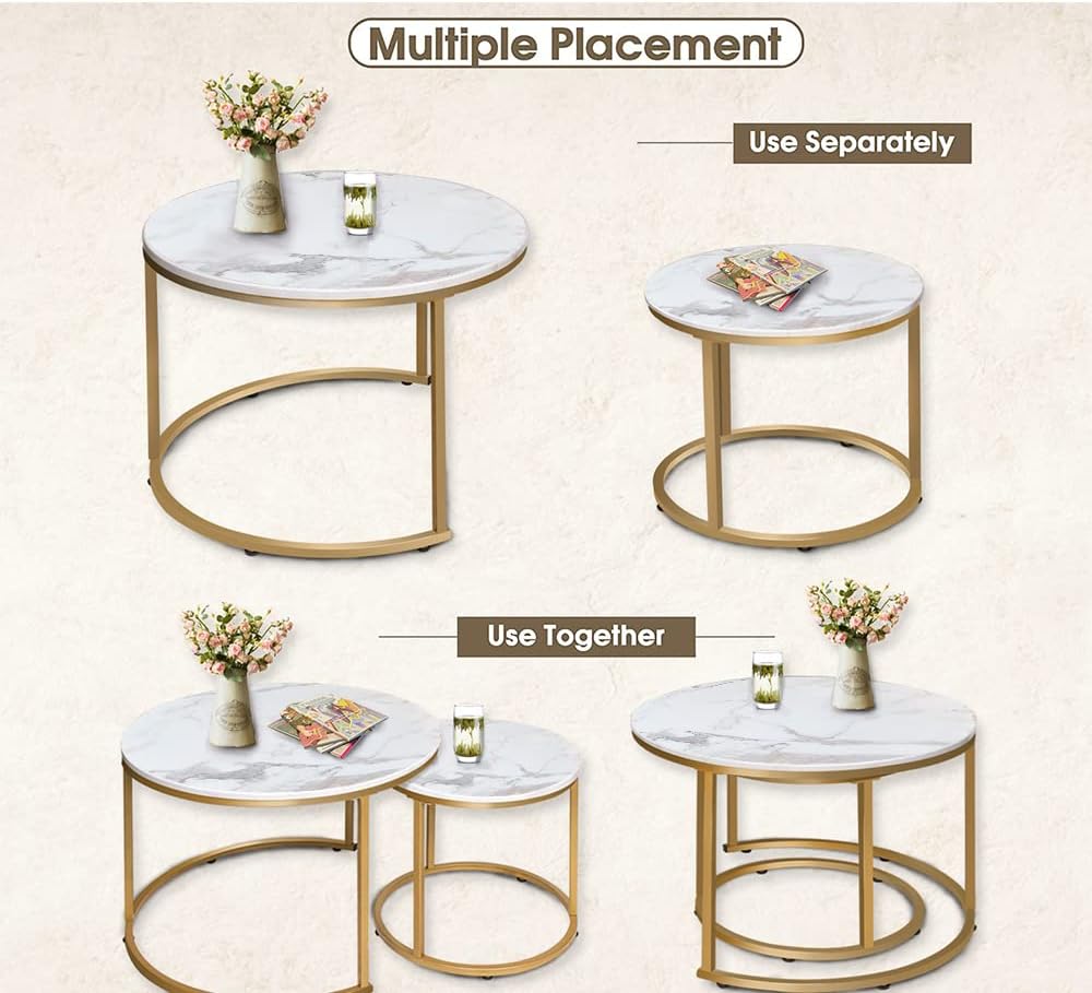aboxoo Coffee Table Nesting White Set of 2 Side Set Golden Frame Circular Round and Marble Pattern Wooden Tables, Living Room Bedroom Apartment Modern Industrial Simple Nightstand