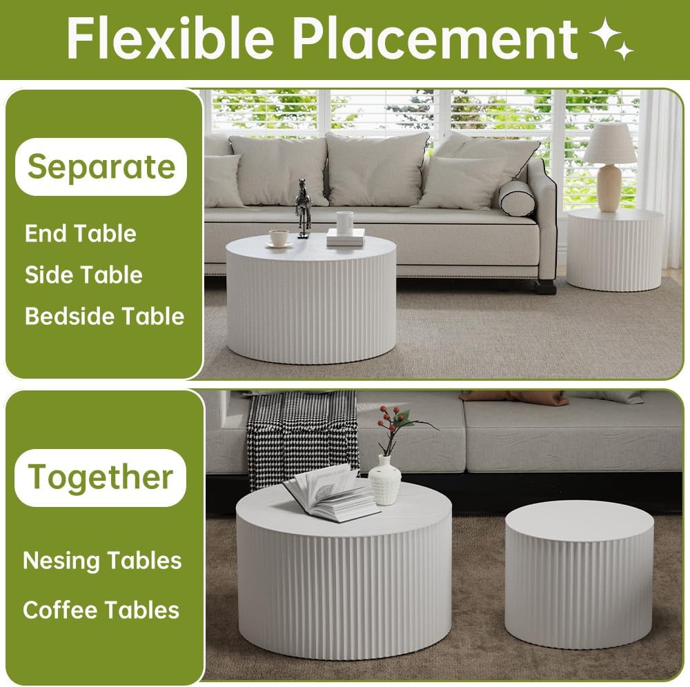 Round Nesting Coffee Table Set of 2 Small Round Coffee Tables for Living Room Modern Fluted Coffee Table Circular End Table Side Table for Small Spaces No Assembly (White B, 27 in)