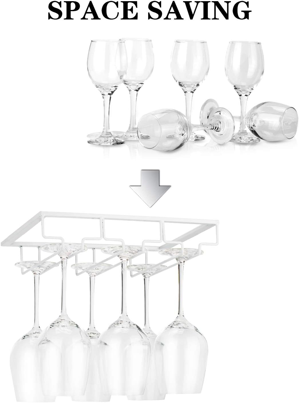 Wine Glass Rack - Under Cabinet Stemware Wine Glass Holder Glasses Storage Hanger Metal Organizer for Bar Kitchen White