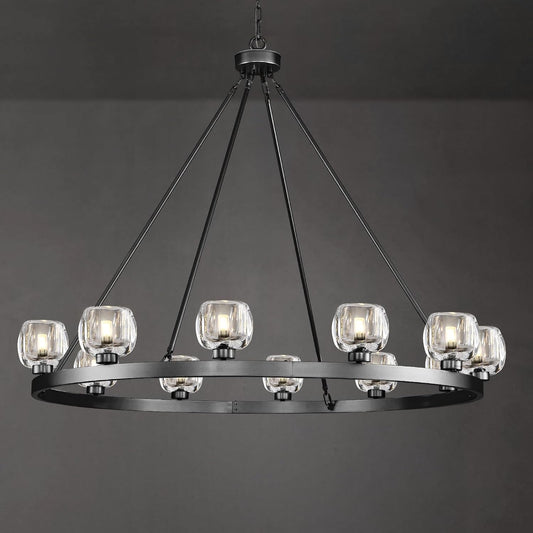 Black Wagon Wheel Chandelier, 48 Inch Black Chandeliers with Unique Glass Shade, 12-Light Crystal Large Wagon Wheel Chandeliers for Dining Room, High Ceiling Round Chandelier for Living Room, Foyer