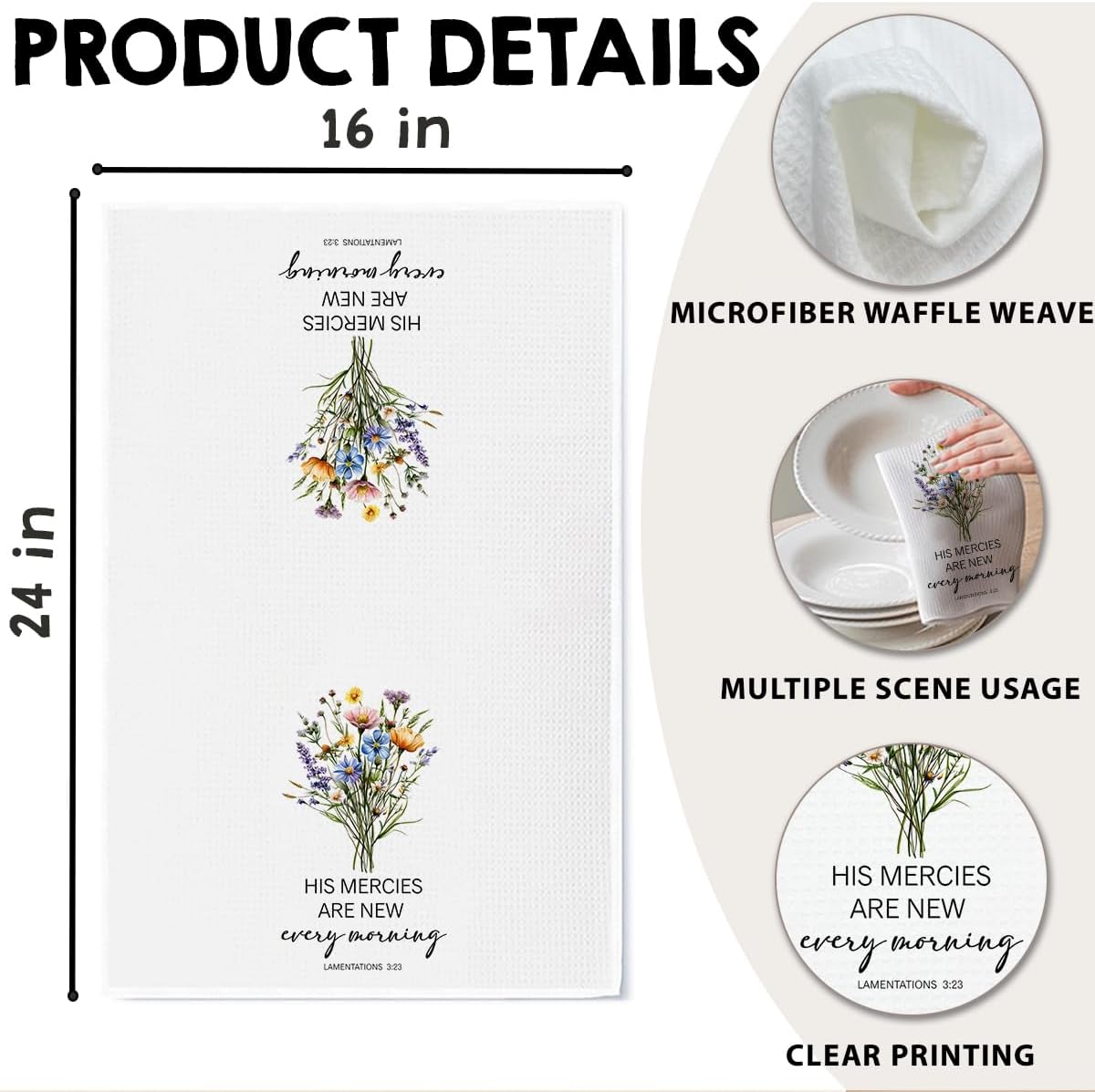 Christian Kitchen Towel, Waffle Weave Microfiber Scripture Hand Towel, His Mercies are New Every Morning Bible Verse Farmhouse Decor for Kitchen Bathroom, Inspirational Gift for Women