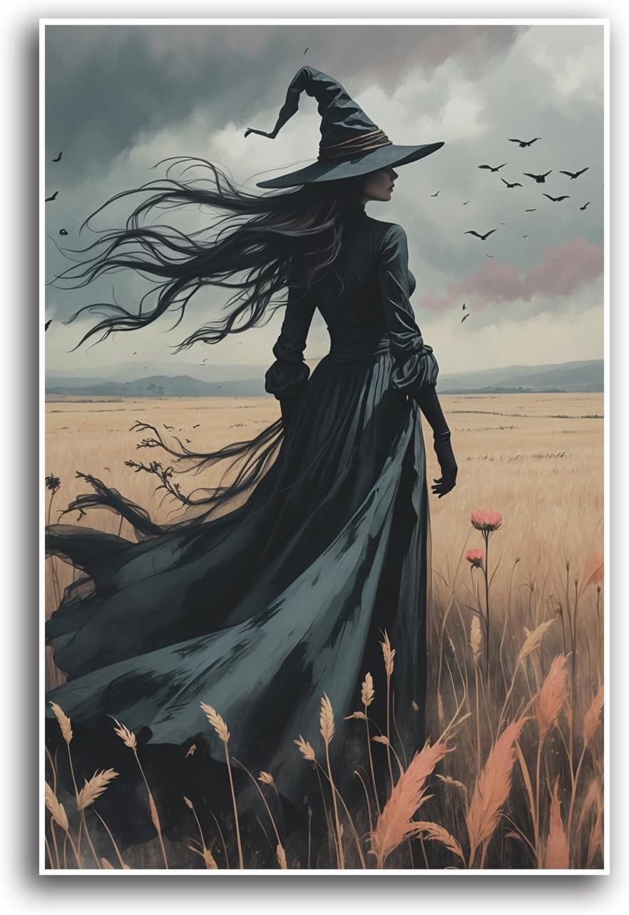 JFHCQJPK Gothic Decor Canvas Wall Art Witch in Rice Field Halloween Art Decor Print Nature Print Victorian Home Bedroom8x12in Frameless