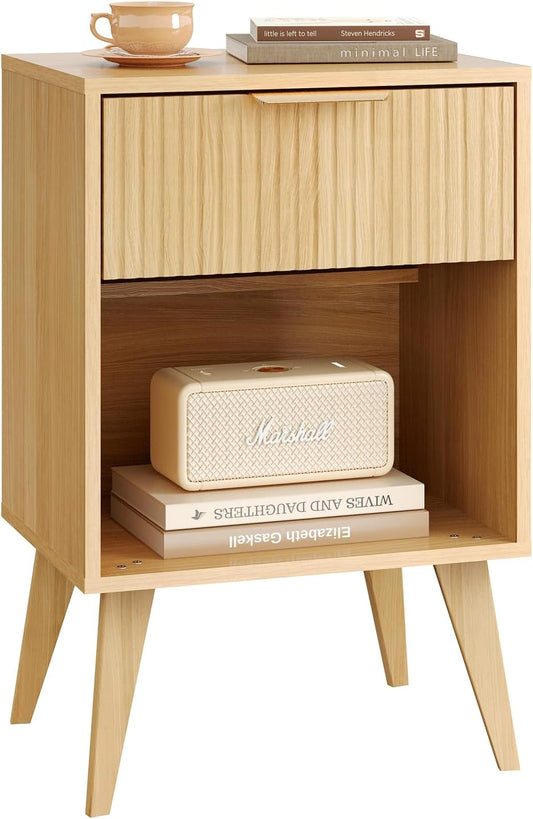 Fluted Night Stand with Opening Storage,Mid Century Bedside Table with Drawer,Wood Nightstand with Solid Wood Legs,End Table Side Table for Living Room,Bedroom,Natural CTG56Y