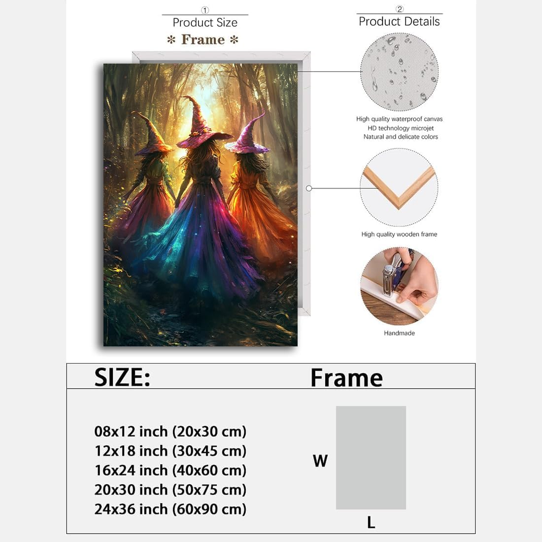 Halloween Room Decor Wall Art Colorful Witch Prints,Vintage Three Colorful Witches in Forest Halloween Posters,Fall Fantasy Aesthetic Pictures Playful Art Wall Decor for Bedroom,24"x36" Framed