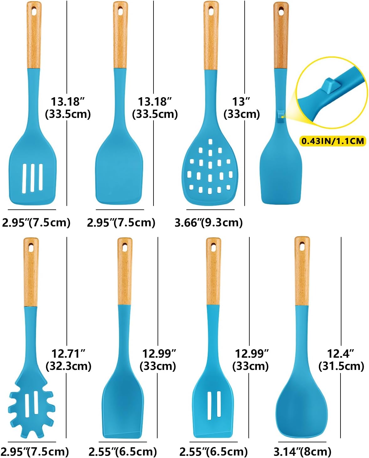 Silicone Kitchen Utensil Set for Non Stick Cookware, 7 Pcs Heat Resistant Cooking Utensils with Wooden Handle, BPA Free Kitchen Tools with Spatulas, Spoons, Skimmer and Pasta Fork (BLUE)