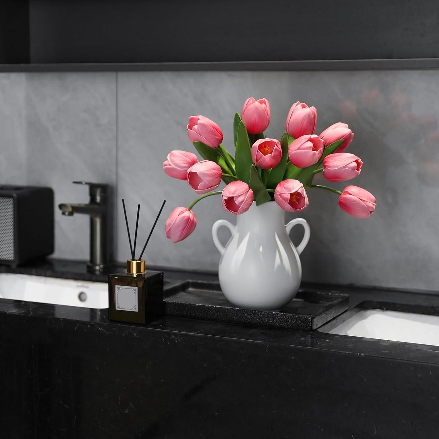 Pink Artificial Tulips, 2 Bundles 14Pcs, Fake Tulips Artificial Flowers, 2 x 2.4 Inch Large Flower Head Big Tulip, Easter Valentine's Day Mother's Day Home Decoration Flowers