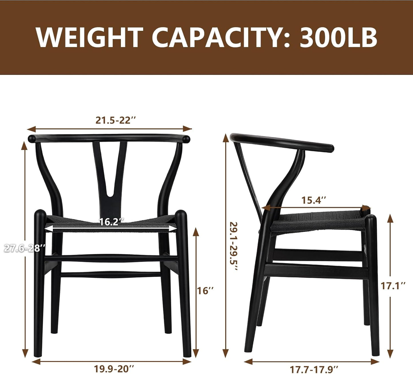 Wishbone Chair Natural Solid Wood Dining Chair/Hans Vegner Y Chair Rattan and Wood Accent Armrest Chairs Set of 4 (Ash Wood - Black)